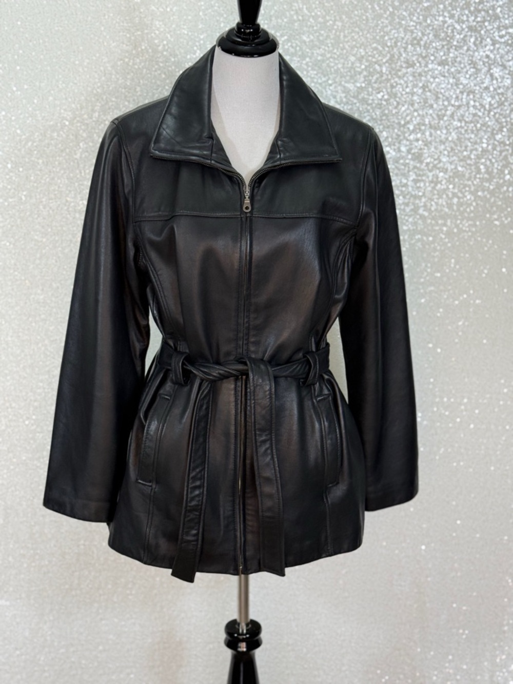 Jacqueline Ferrar Genuine Lambskin Leather Jacket Black Belted Zip Up Tailored - Picture 5 of 16